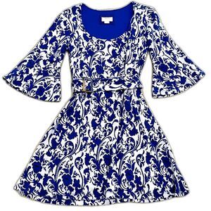 Anthropologie Maeve Womens Dress SP Scoop Neck Blue Jacquard Belted Fit & Flare